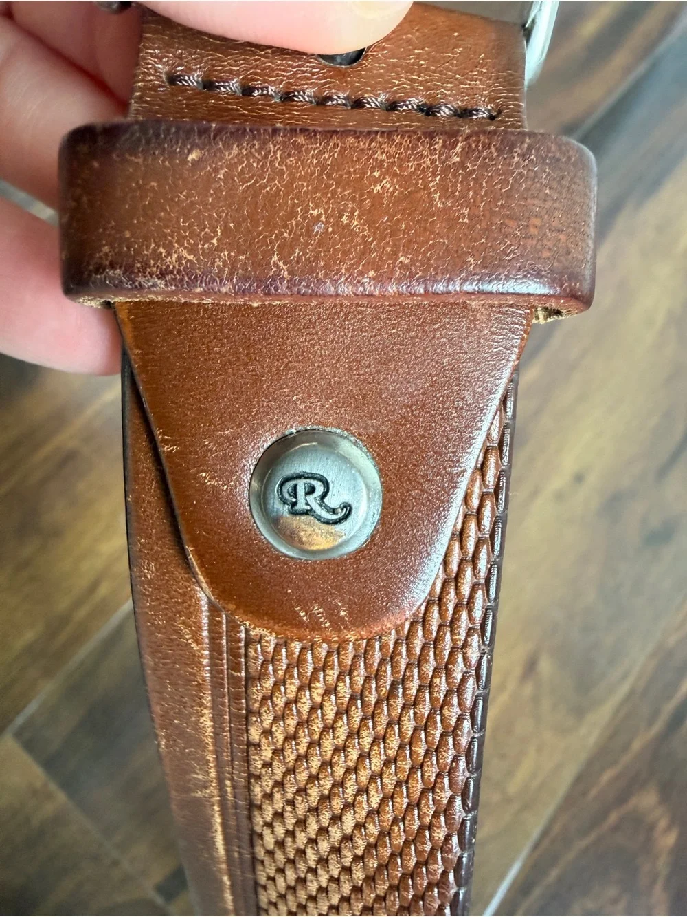 Rino Textured Leather Belt Brown Silver Chrome Buckle